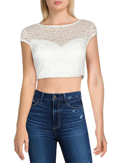 TEEZE ME Womens White Zippered Lined V-back Cap Sleeve Jewel Neck Party Crop Top Juniors 3\4