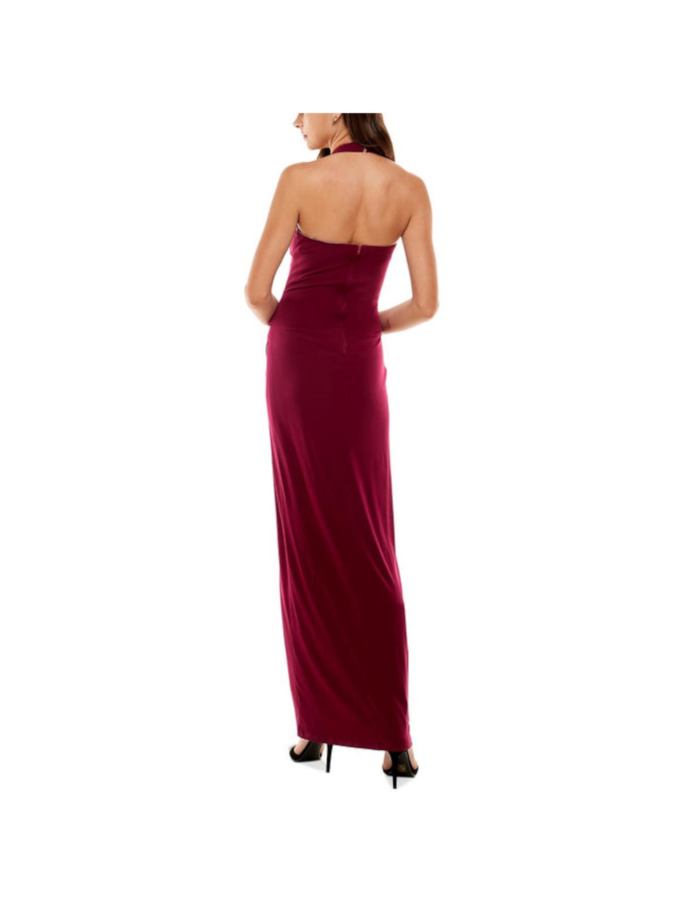 CITY STUDIO Womens Burgundy Zippered Lined Thigh-high Slit Sleeveless Halter Full-Length  Gown Prom Dress Juniors 5