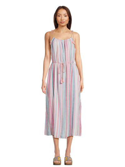 TIME AND TRUE Womens Coral Unlined Tie Shoulders And Belt Striped Sleeveless Scoop Neck Midi Shift Dress XS