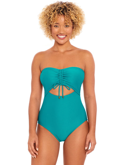 TIME AND TRUE Women's Blue Ribbed Cutout Ottoman Bandeau One Piece Swimsuit M