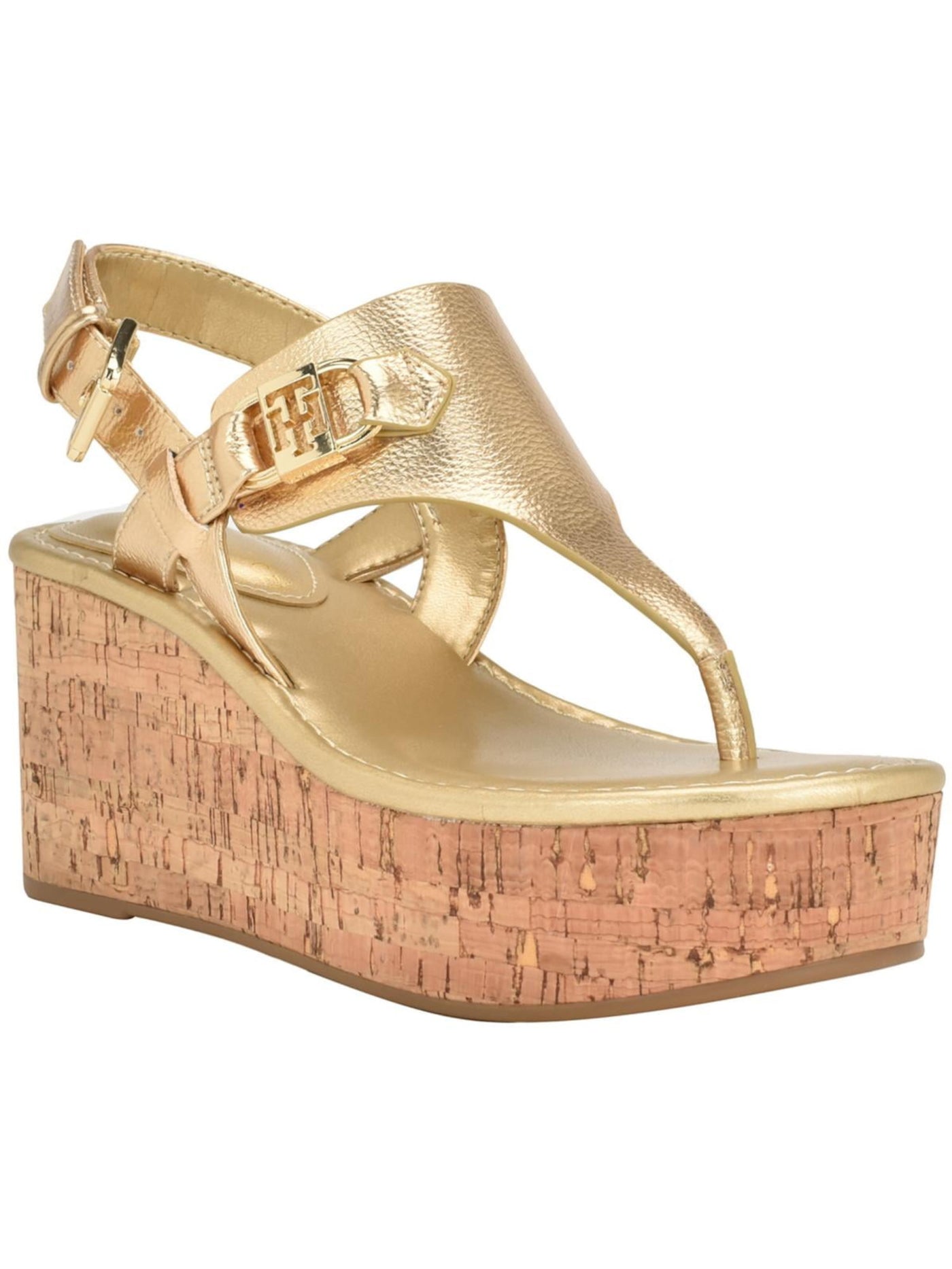 TOMMY HILFIGER Womens Gold 1.5 Cork Wedge Padded Vani Almond Toe Wedge Buckle Heeled Thong Sandals 9 M