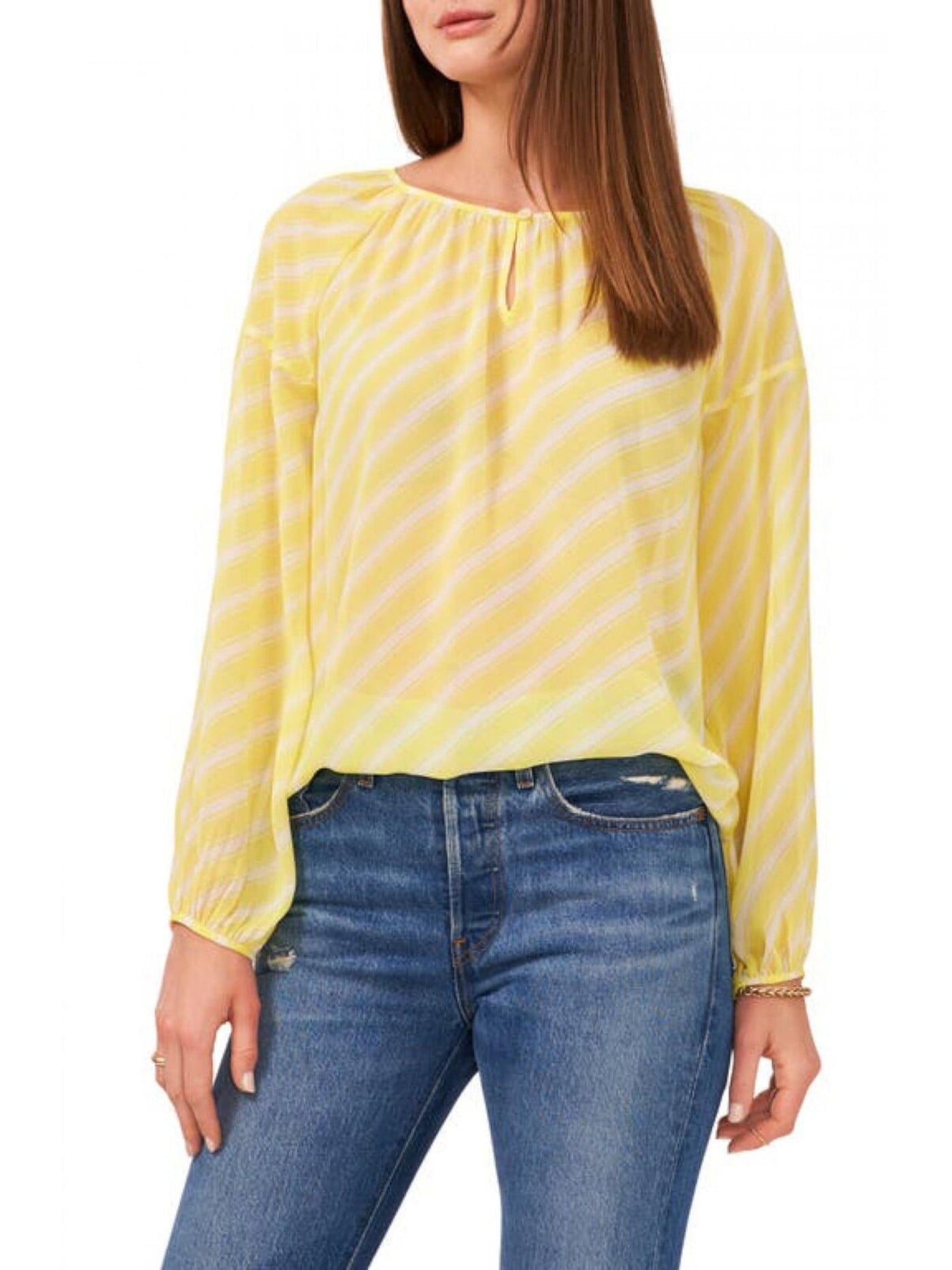 VINCE CAMUTO Womens Yellow Sheer Button Sleeve Striped Long Sleeve Keyhole Blouse S