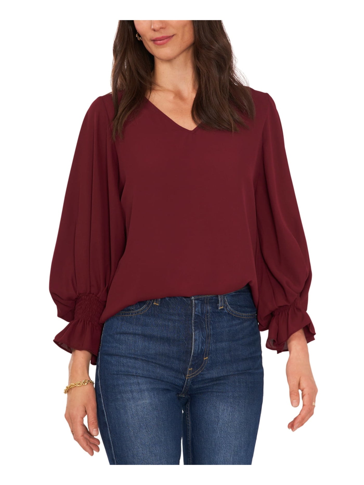 VINCE CAMUTO Womens Maroon Smocked Ruffled Loose Fit Unlined Sheer Long Sleeve V Neck Blouse L