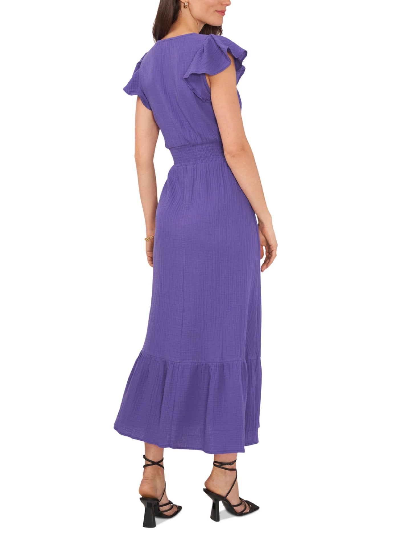 VINCE CAMUTO Womens Purple Textured Ruffled Smocked Waist Pullover Flutter Sleeve V Neck Tea-Length Shift Dress S