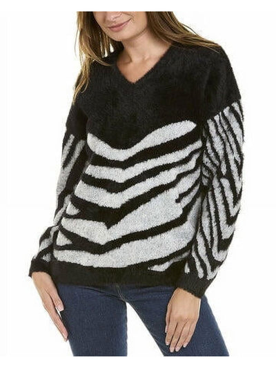 VINCE CAMUTO Womens Black Animal Print Long Sleeve V Neck Sweater M