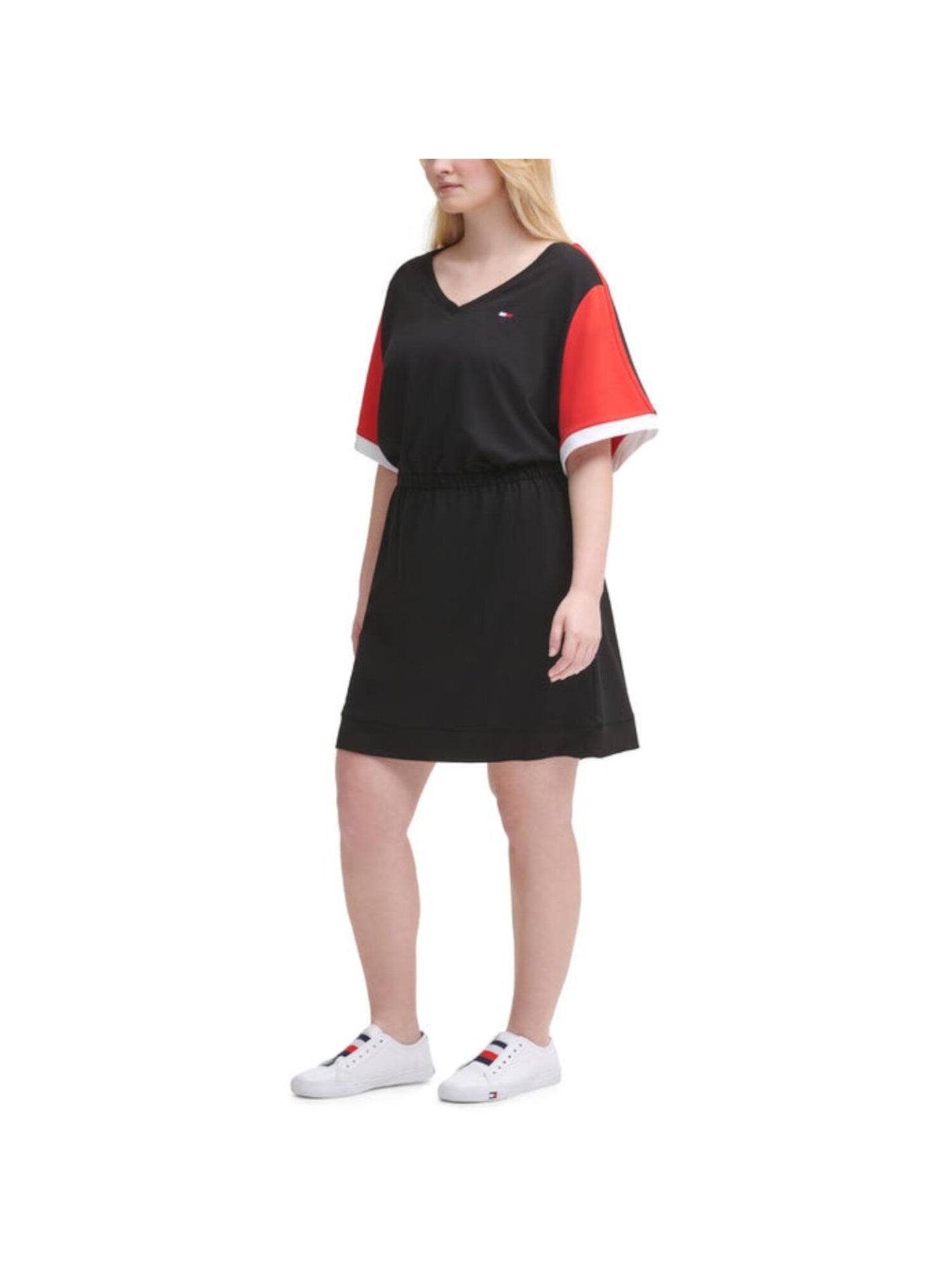 TOMMY HILFIGER SPORT Womens Black Stretch Ribbed Elastic Waist Color Block Elbow Sleeve V Neck Above The Knee Shirt Dress Plus 0X