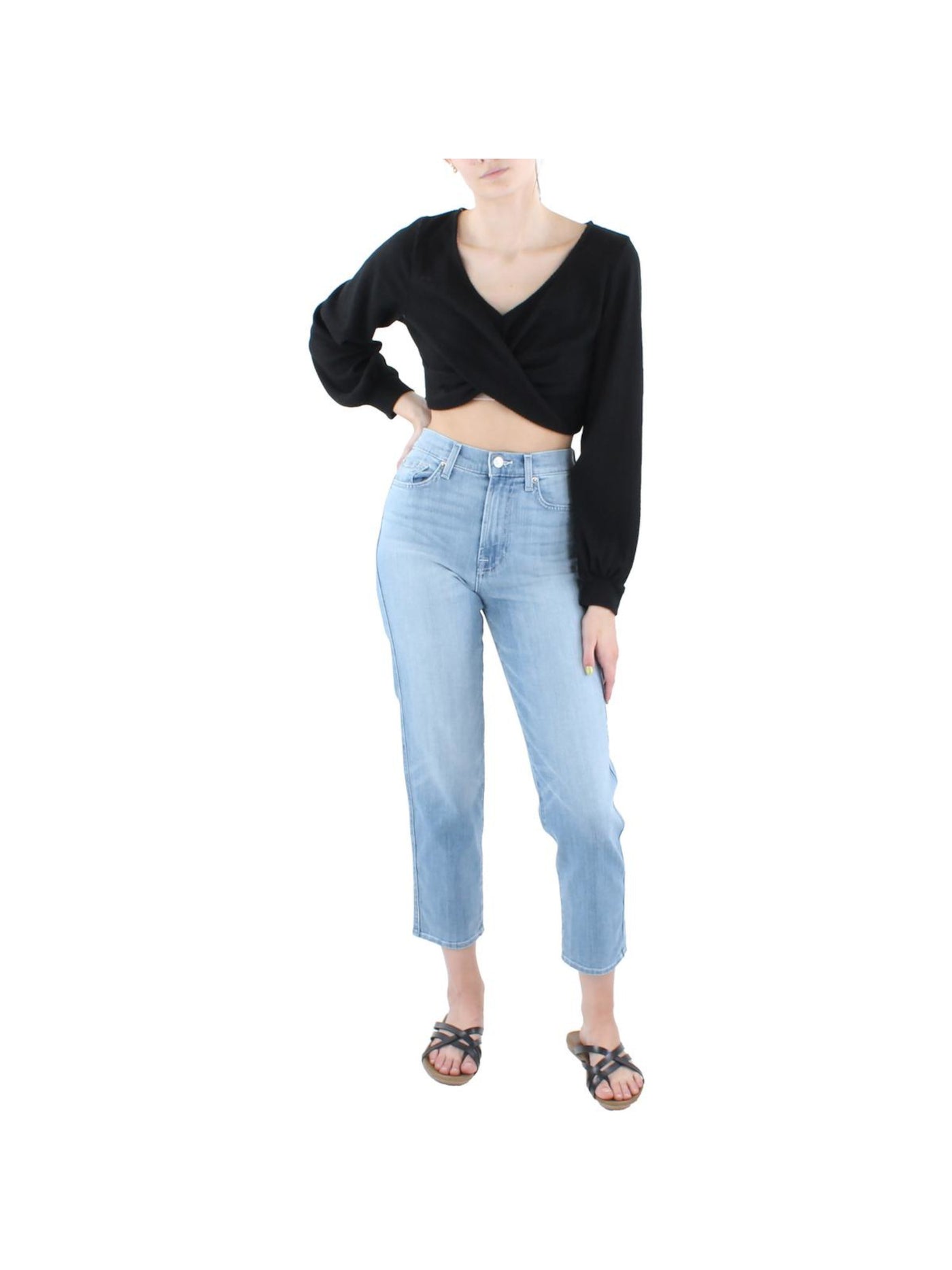 ALMOST FAMOUS Womens Black Ribbed Twist Front Long Sleeve V Neck Crop Top Sweater Juniors L