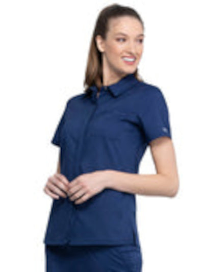 CHEROKEE Womens Navy Pocketed Snap Front Closure Short Sleeve Collared Wear To Work Top XXS