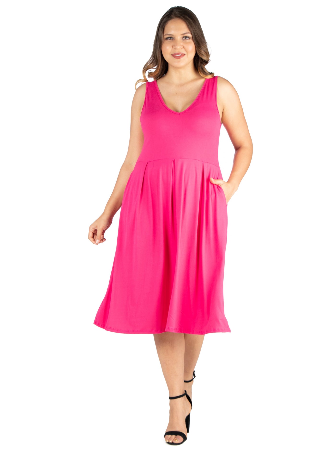 24 SEVEN COMFORT Womens Pink Pleated Pocketed V Neck Midi Fit + Flare Dress XL