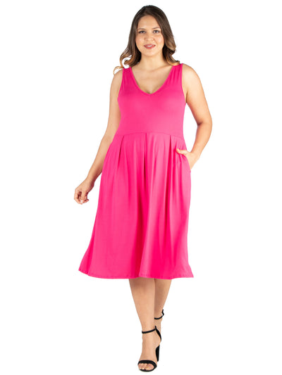 24 SEVEN COMFORT Womens Pink Pleated Pocketed V Neck Midi Fit + Flare Dress XL