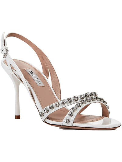 MIU MIU Womens Bianco White Jewel Embellished Calzature Donna Open Toe Stiletto Buckle Leather Dress Slingback Sandal 38