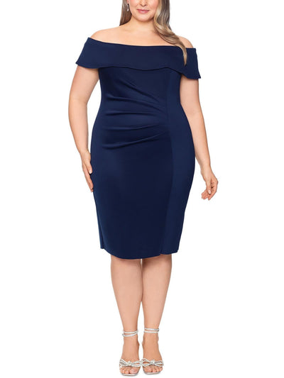 X BY XSCAPE Womens Navy Pleated Zippered Lined Short Sleeve Off Shoulder Below The Knee Evening Sheath Dress Plus 22W