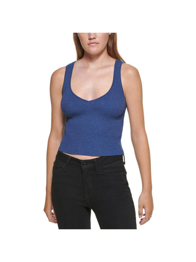 DKNY JEANS Womens Ribbed Sleeveless V Neck Crop Top