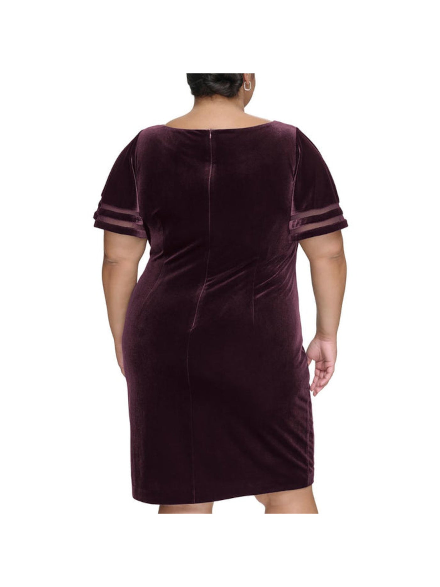 JESSICA HOWARD Womens Purple Pleated Zippered Mesh Inset Cuffs Lined Flutter Sleeve Round Neck Above The Knee Wear To Work Sheath Dress Plus 16W