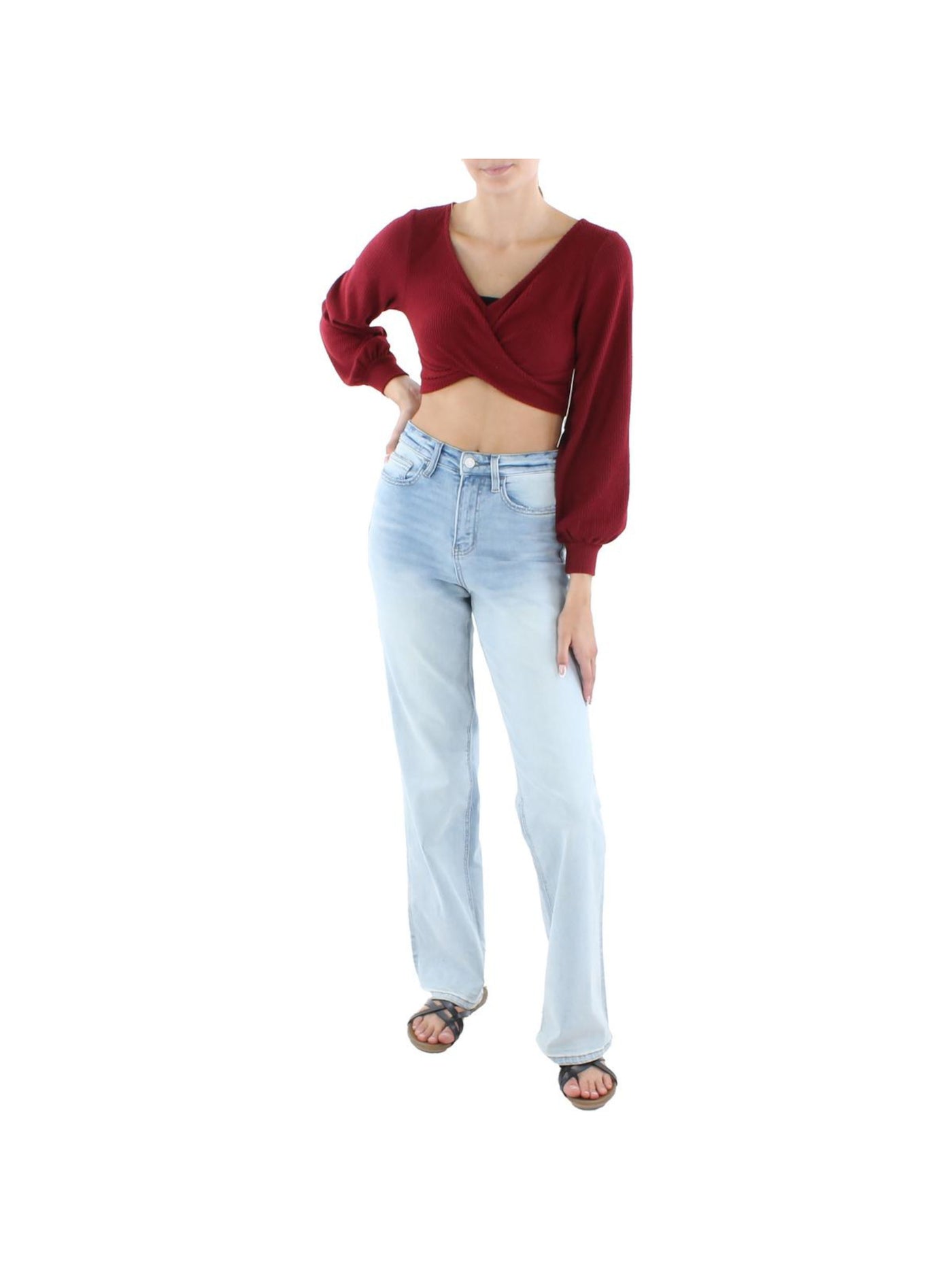 ALMOST FAMOUS Womens Maroon Ribbed Twist Front Long Sleeve V Neck Crop Top Juniors M