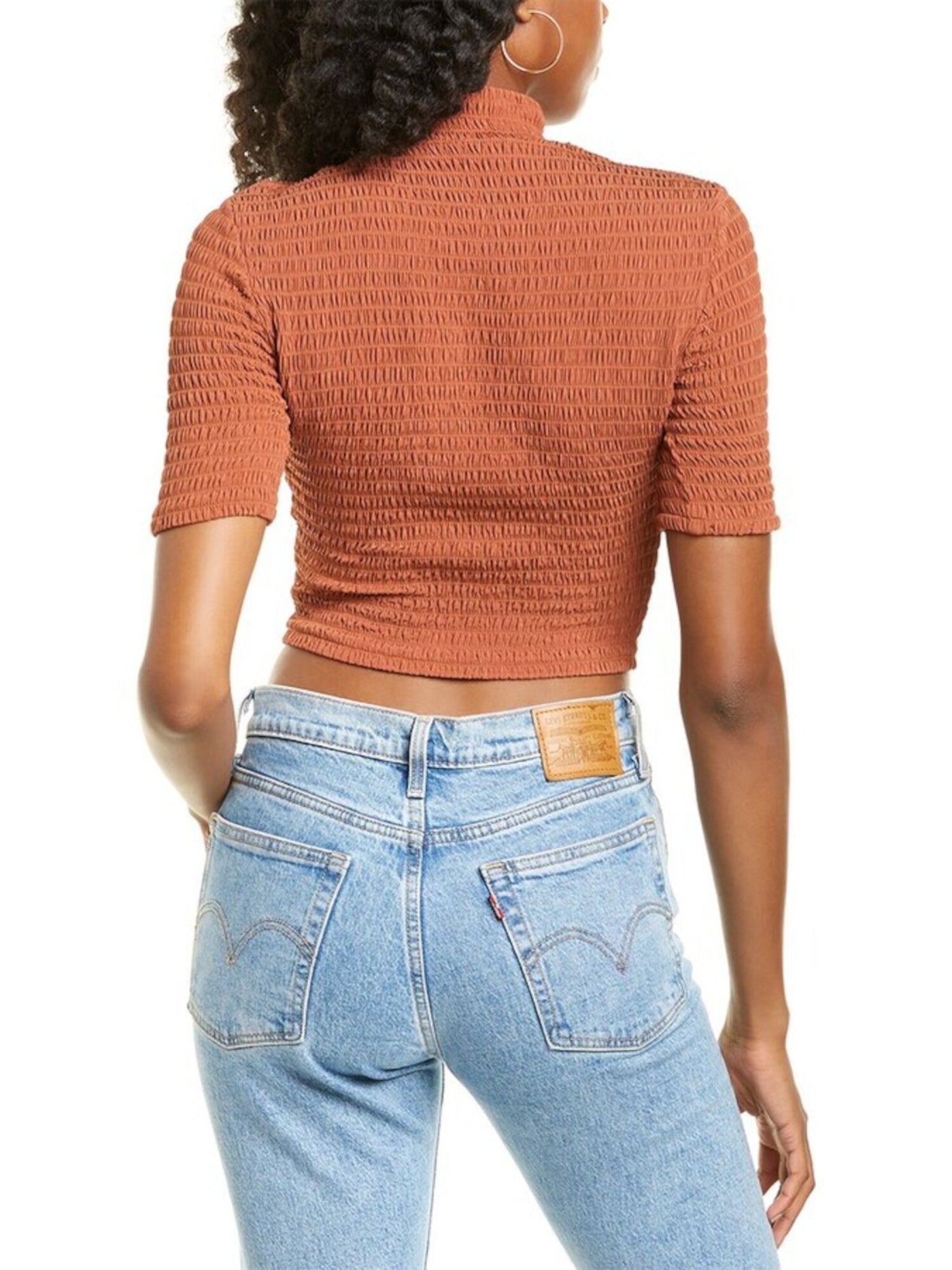 A.L.C. Womens Brown Stretch Smocked Short Sleeve Mock Neck Crop Top XL