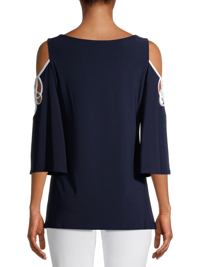 VINCE CAMUTO Womens Navy Cold Shoulder Cut Out 3/4 Sleeve V Neck Top L