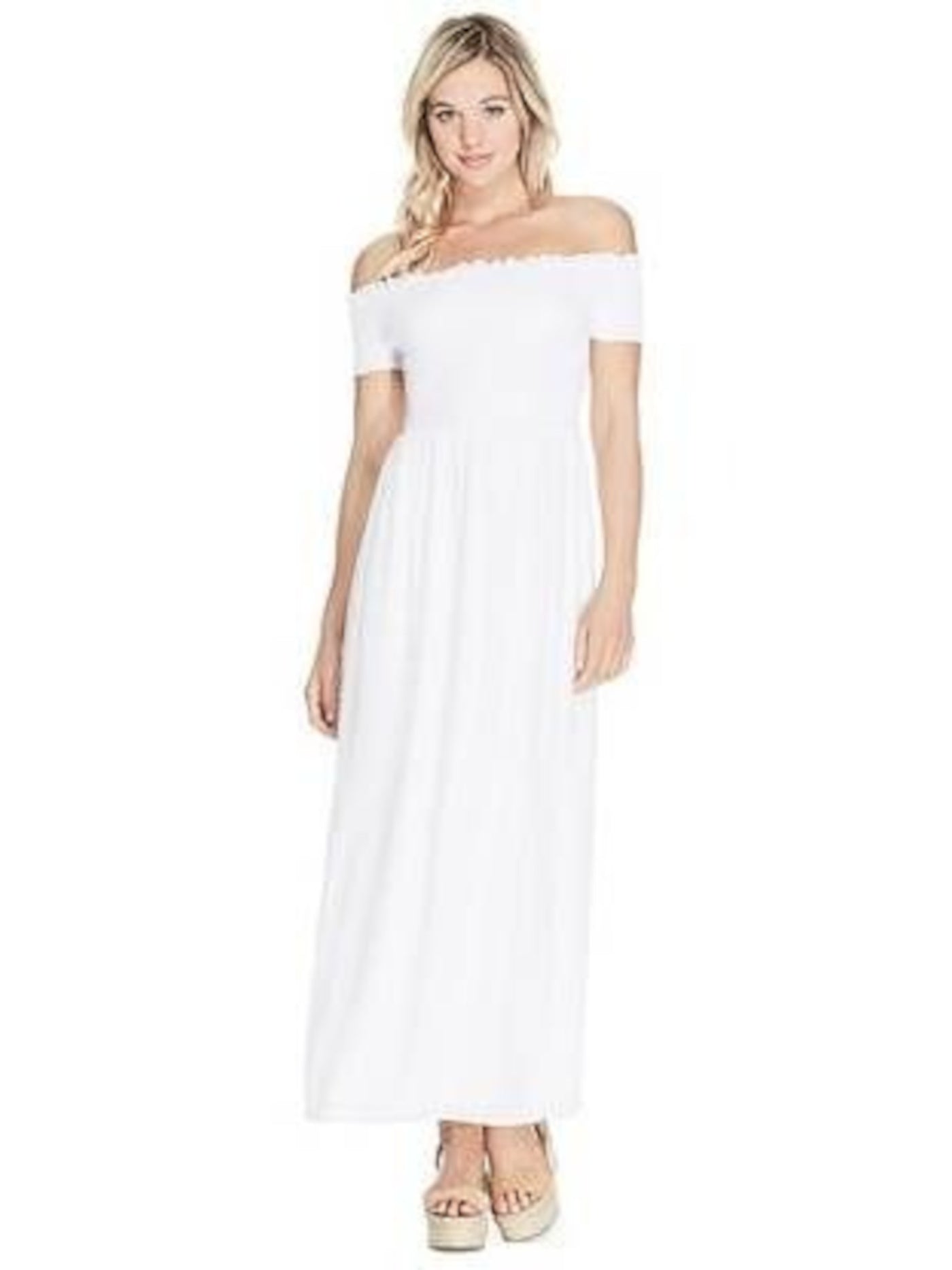 GUESS Womens White Slitted Lined Smocked Bodice And Sleeve Short Sleeve Off Shoulder Maxi Fit + Flare Dress S