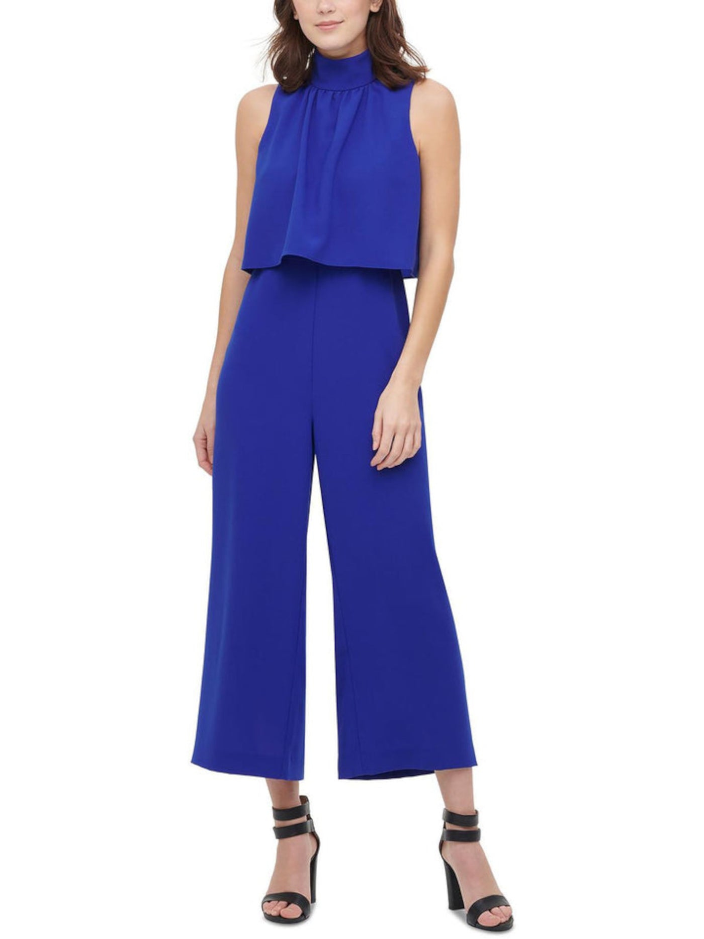 DKNY Womens Blue Zippered Slitted Popover Cropped Sleeveless Mock Neck Wear To Work Wide Leg Jumpsuit 16