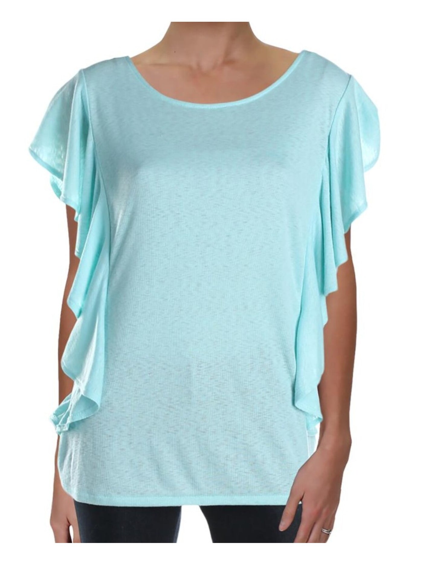 RACHEL ROY Womens Aqua Textured Short Sleeve Jewel Neck Blouse Size: S