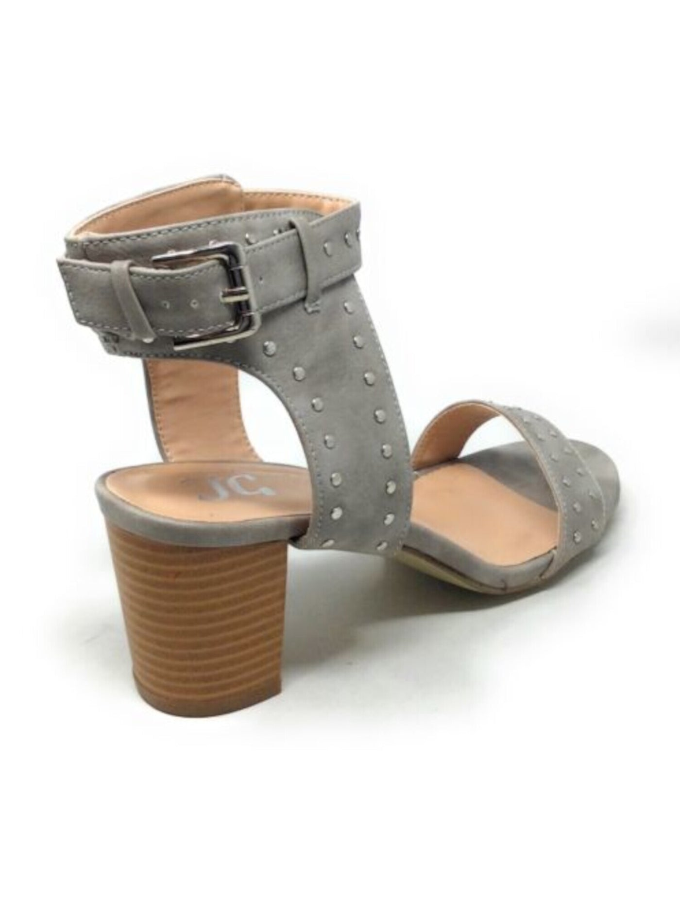 JOURNEE COLLECTION Womens Gray Ankle Strap Studded Mabel Round Toe Block Heel Buckle Sandals Shoes 5.5