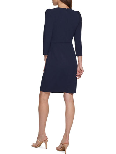 DKNY Womens Navy Zippered Unlined Darted Twist Detail 3/4 Sleeve Round Neck Above The Knee Wear To Work Sheath Dress 2