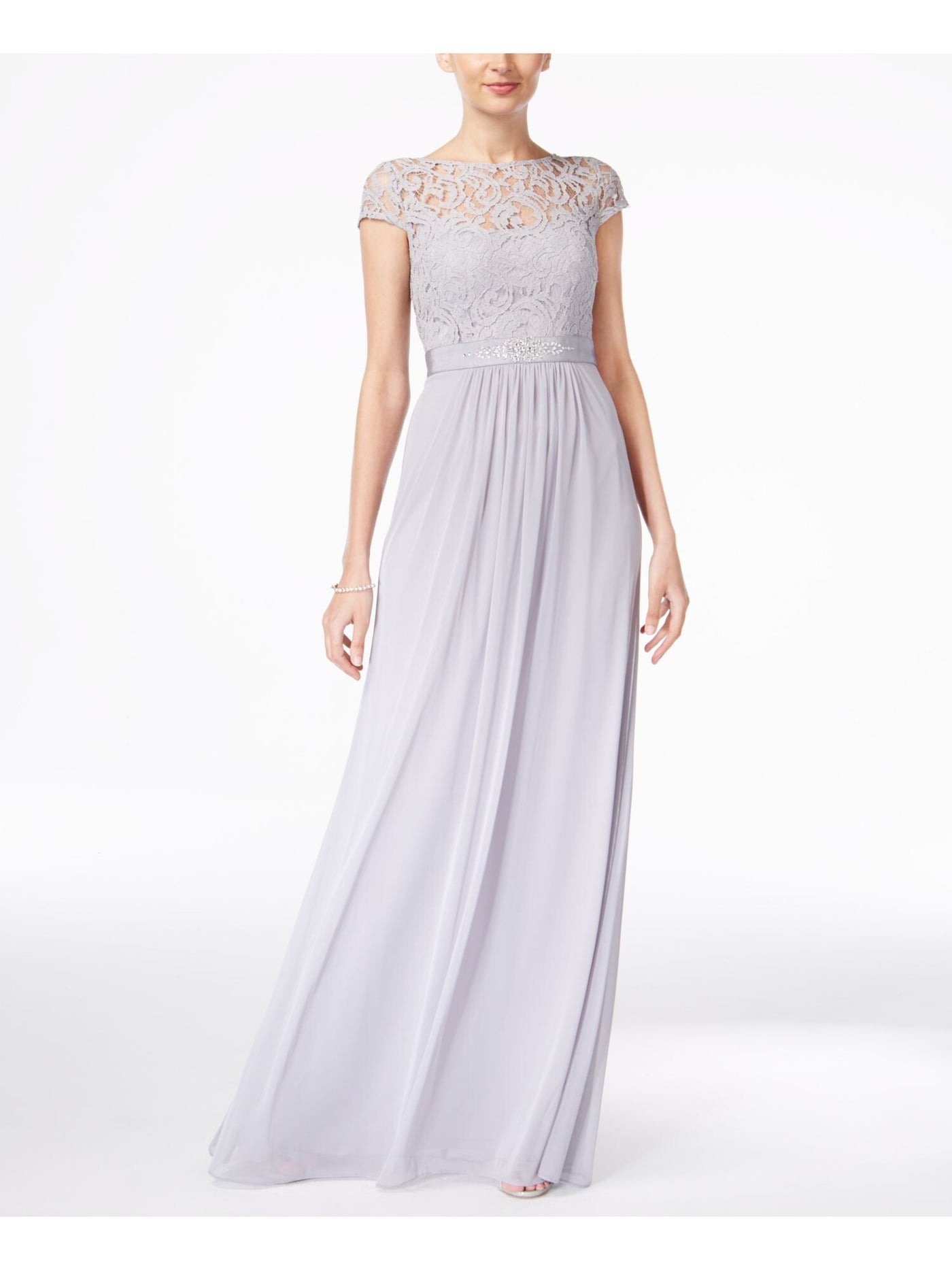 ADRIANNA PAPELL Womens Gray Lace Short Sleeve Illusion Neckline Full-Length Formal Dress 6