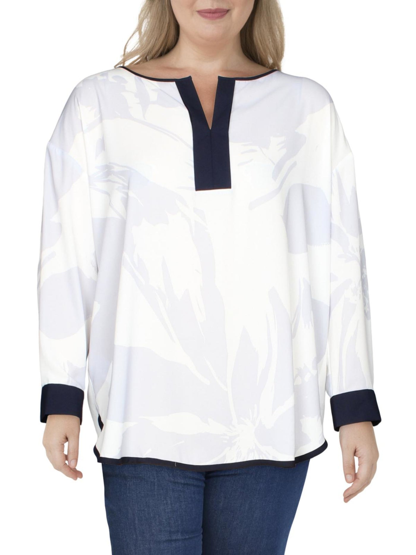 LYSSE Womens White Printed Cuffed Sleeve Split Wear To Work Top Plus 2X