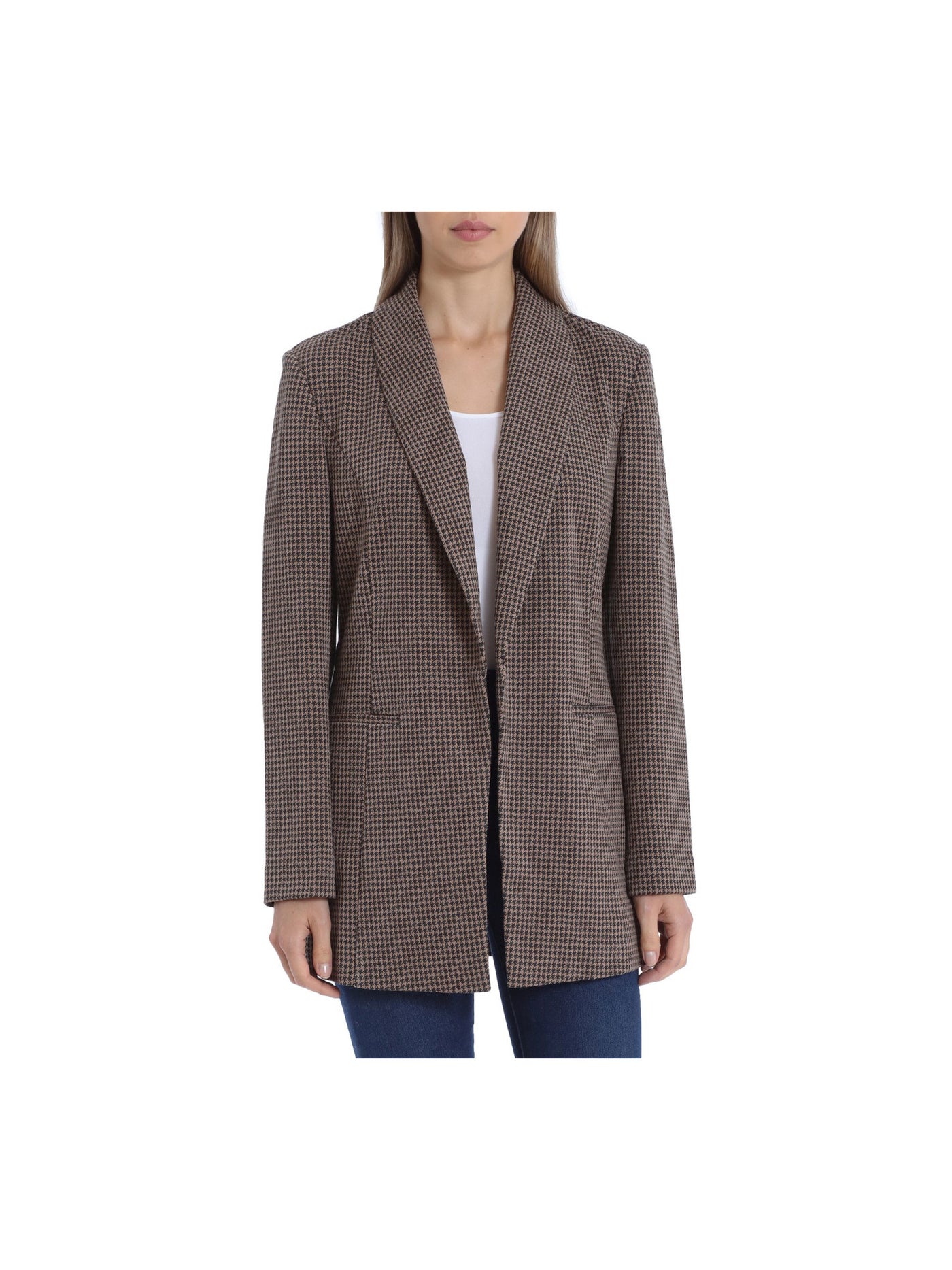 BAGATELLE Womens Brown Open Front Pocketed Shawl Collar Unlined Houndstooth Wear To Work Blazer Jacket S