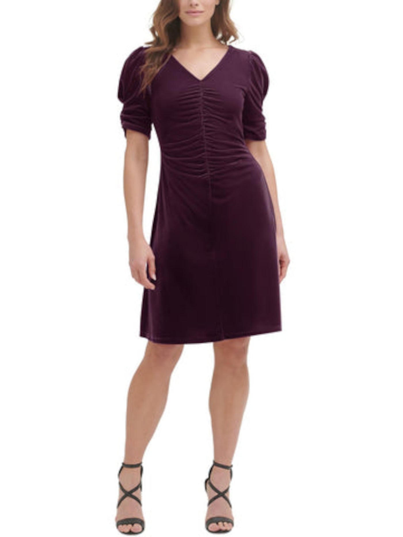 DKNY Womens Purple Ruched Zippered Velvet Textured Pouf Sleeve V Neck Knee Length Party Sheath Dress 8