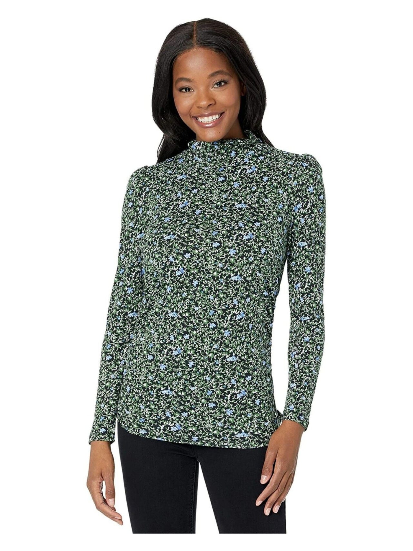 MICHAEL MICHAEL KORS Womens Black Ruched Zippered Floral Long Sleeve Mock Neck Top L