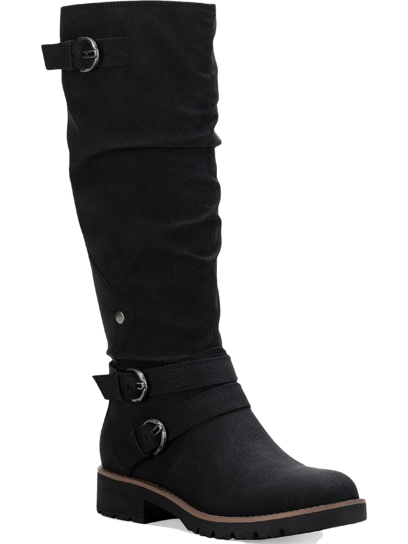 SUN STONE Womens Black Lug Sole Ruched Buckle Accent Stretch Brinley Round Toe Block Heel Zip-Up Riding Boot 9.5 M