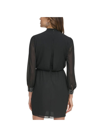 JESSICA HOWARD Womens Black Embellished Zippered Tie Ruffled Lined Long Sleeve Surplice Neckline Short Party Blouson Dress 12