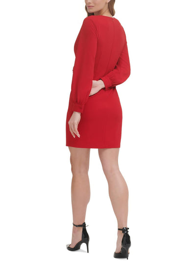 DKNY Womens Red Zippered Twist Front Long Sleeve Surplice Neckline Short Wear To Work Faux Wrap Dress 2