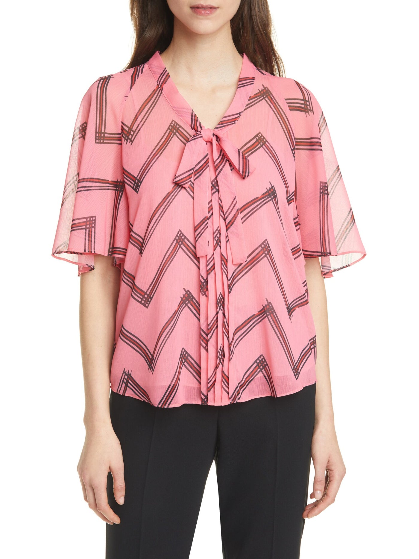 ARMANI Womens Pink Sheer Flutter Printed Short Sleeve Tie Neck Top Size: 40
