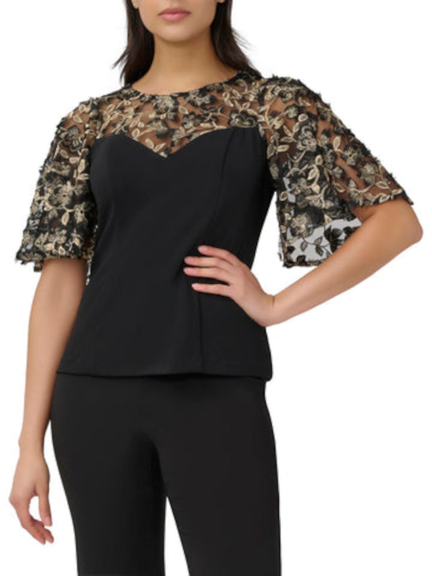 ADRIANNA PAPELL Womens Black Zippered 3d Embroidered Illusion Mesh Flutter Sleeve Boat Neck Cocktail Top 4