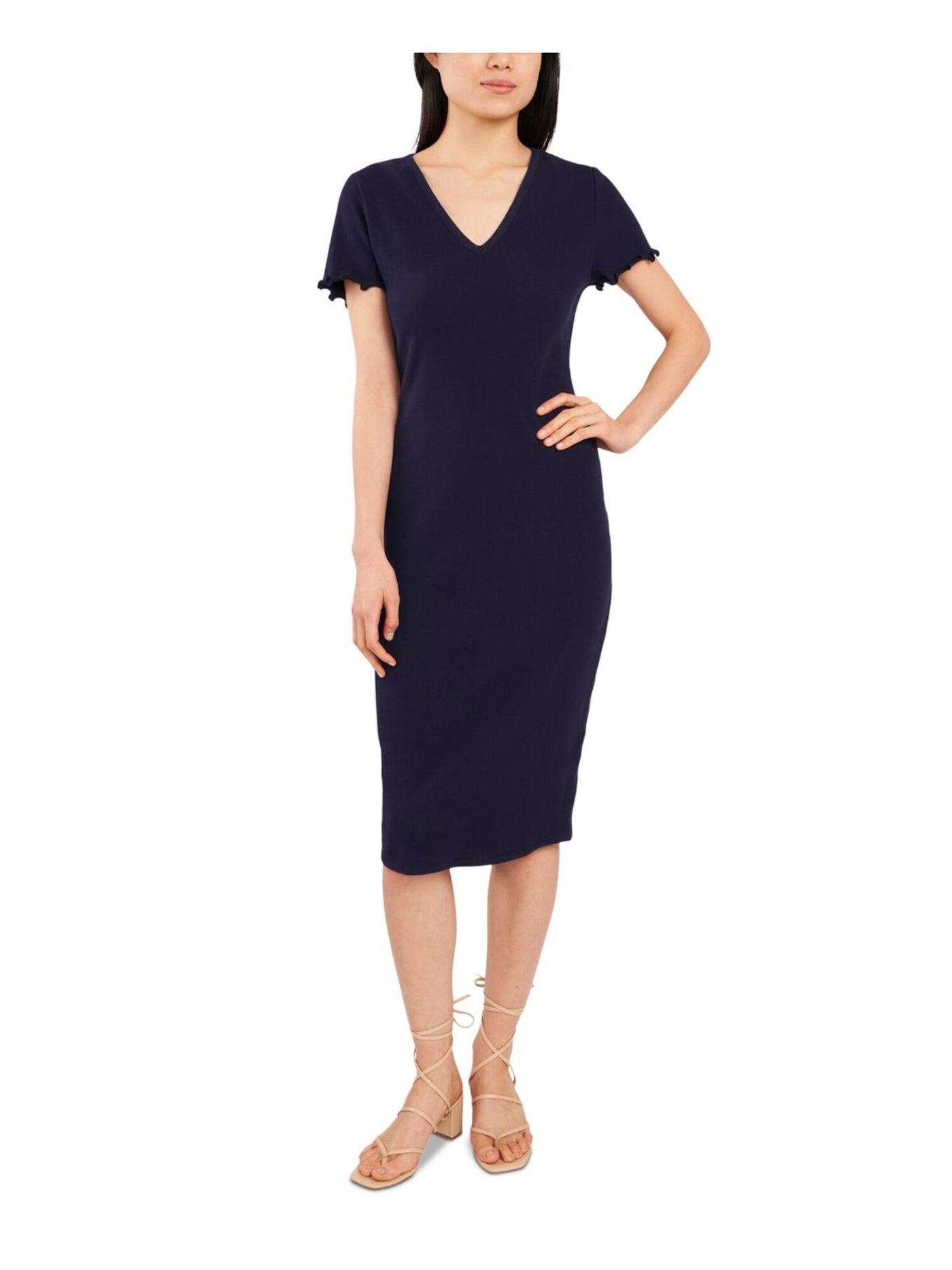 RILEY&RAE Womens Navy Stretch Ribbed Pullover Short Sleeve V Neck Below The Knee Wear To Work Sheath Dress M