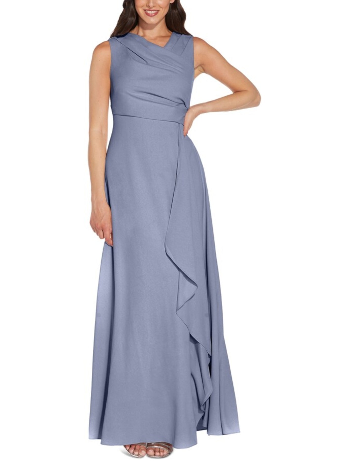 ADRIANNA PAPELL Womens Blue Stretch Zippered Pleated Cascade Ruffle Slitted Lined Sleeveless Asymmetrical Neckline Full-Length Evening Gown Dress 4