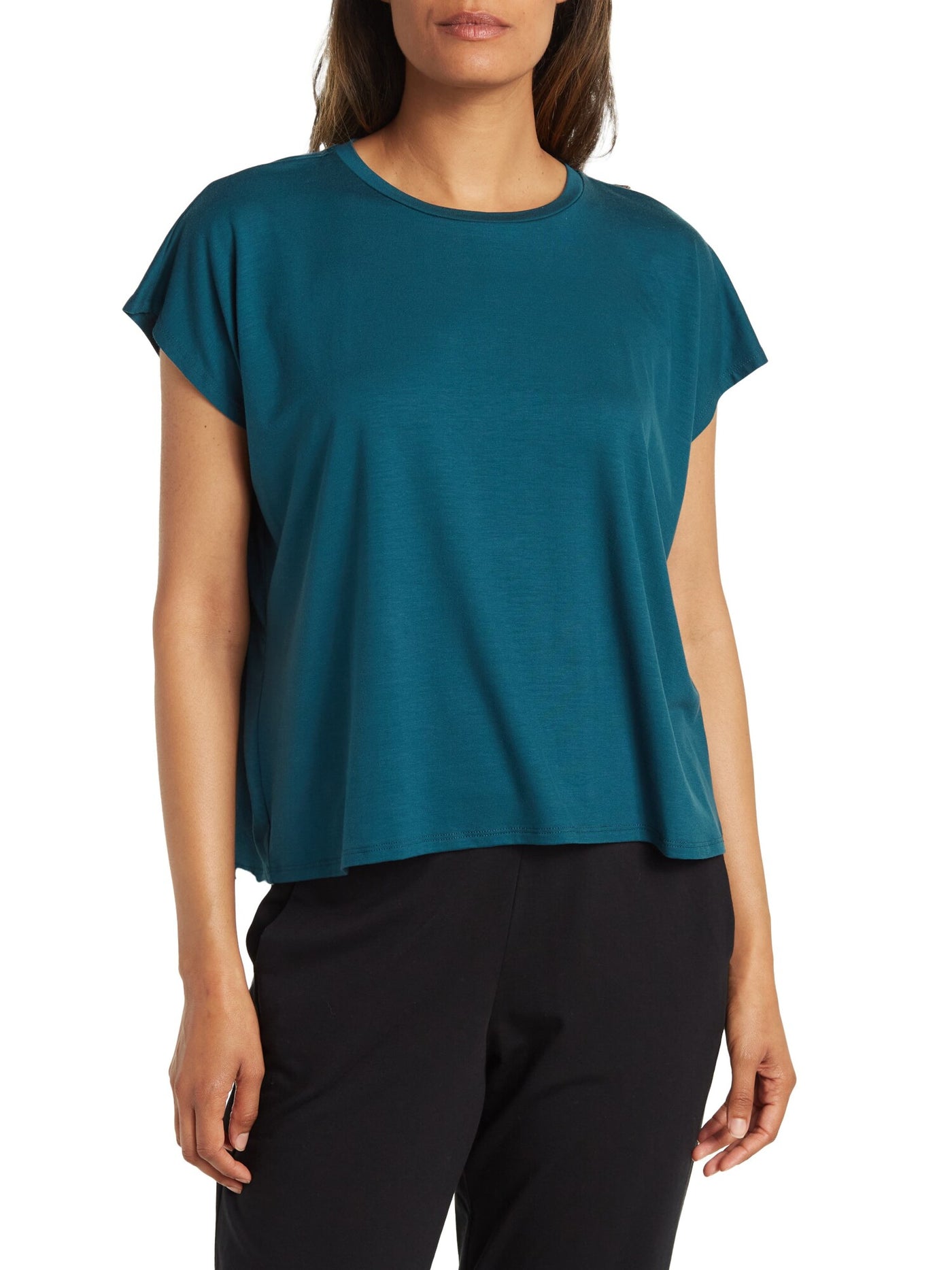 EILEEN FISHER Womens Teal Stretch Cap Sleeve Crew Neck Top L