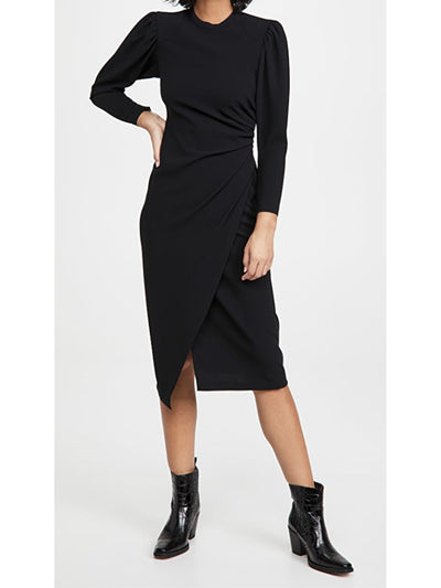 A.L.C. Womens Black Zippered Pleated Wrap Skirt Gathered Padded Pouf Sleeve Round Neck Below The Knee Sheath Dress 0