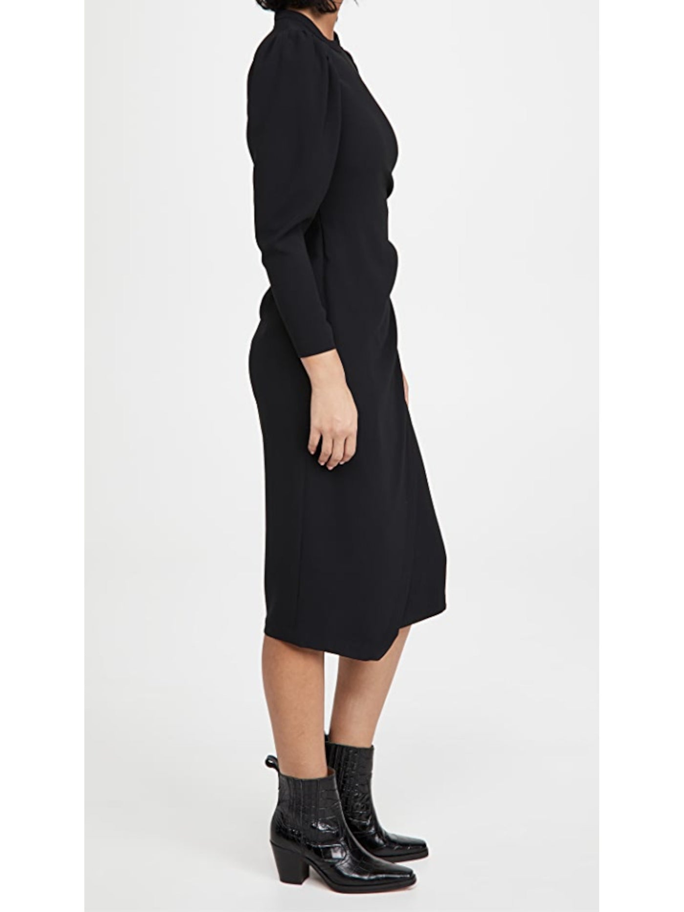 A.L.C. Womens Black Zippered Pleated Wrap Skirt Gathered Padded Pouf Sleeve Round Neck Below The Knee Sheath Dress 0