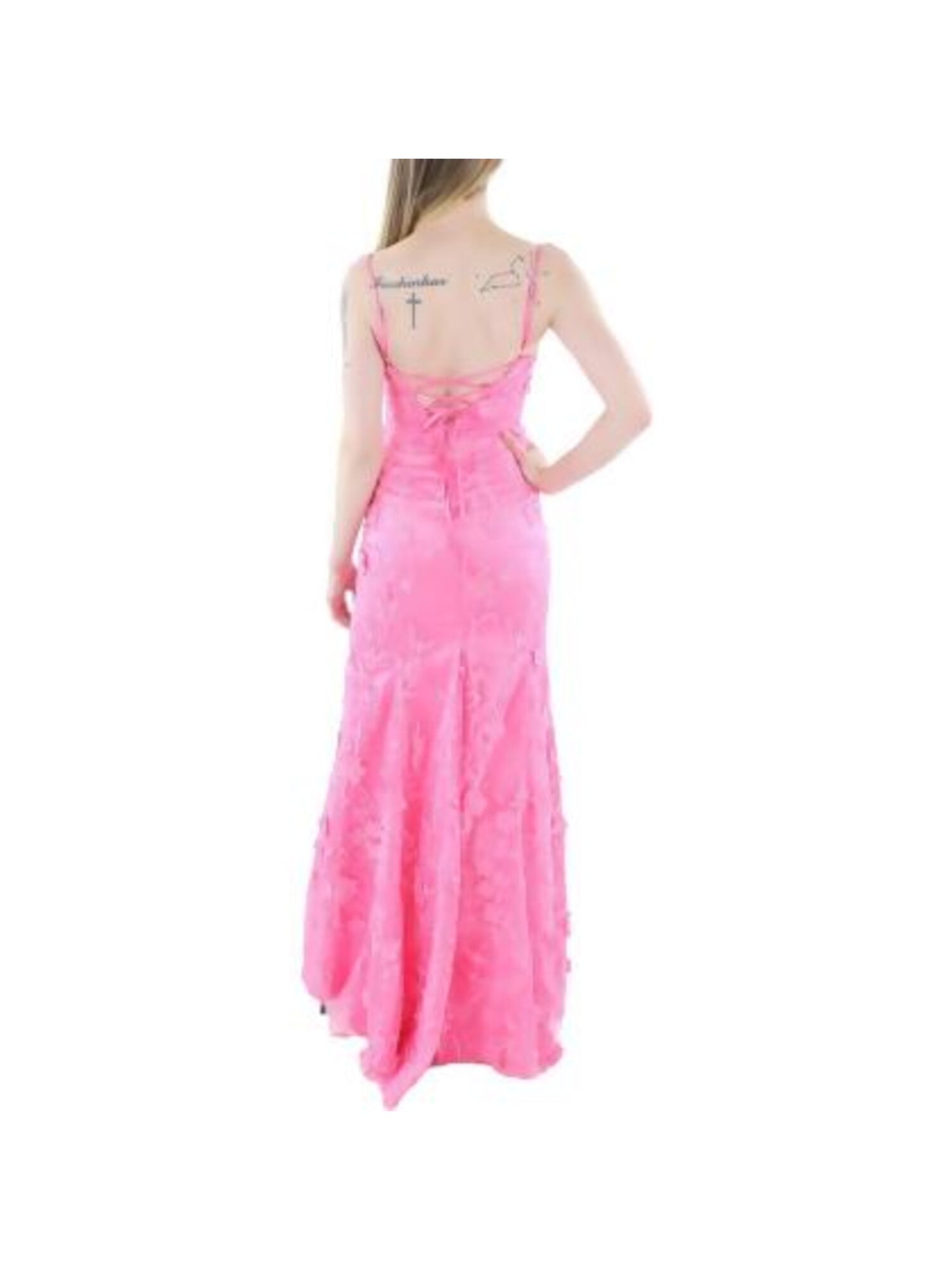 DEAR MOON Womens Pink Zippered Slitted Lace-up Back Lined Spaghetti Strap Scoop Neck Full-Length Evening Gown Dress Juniors 7