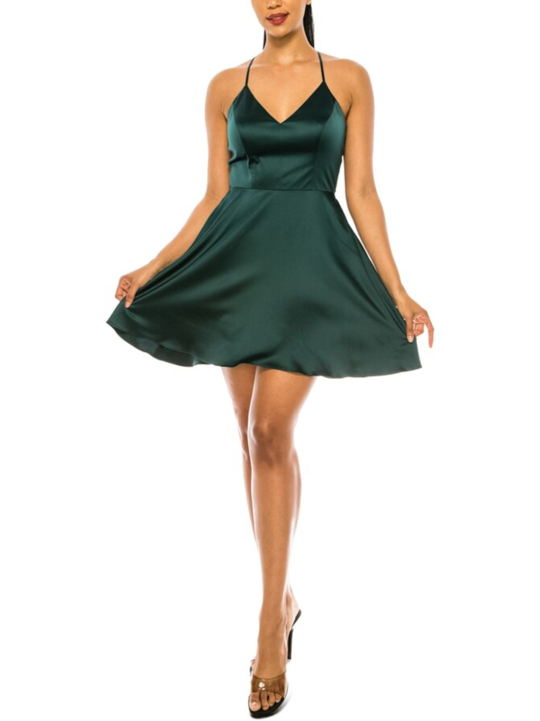 b darlin green dress Womens Stretch Zippered Pocketed Lace Back Lined Sleeveless V Neck Short Party Fit + Flare Andrew Cross Back karen millen Flutter Sleeve Choose Option:36x32