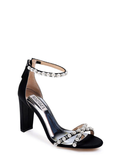 BADGLEY MISCHKA Womens Black Embellished Stretch Hooper Round Toe Sculpted Heel Zip-Up Dress Sandals Shoes 7.5