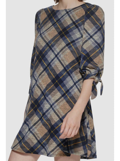 JESSICA HOWARD Womens Brown Lined Keyhole Back Button Cuff Plaid Elbow Sleeve Round Neck Knee Length Shift Dress XL