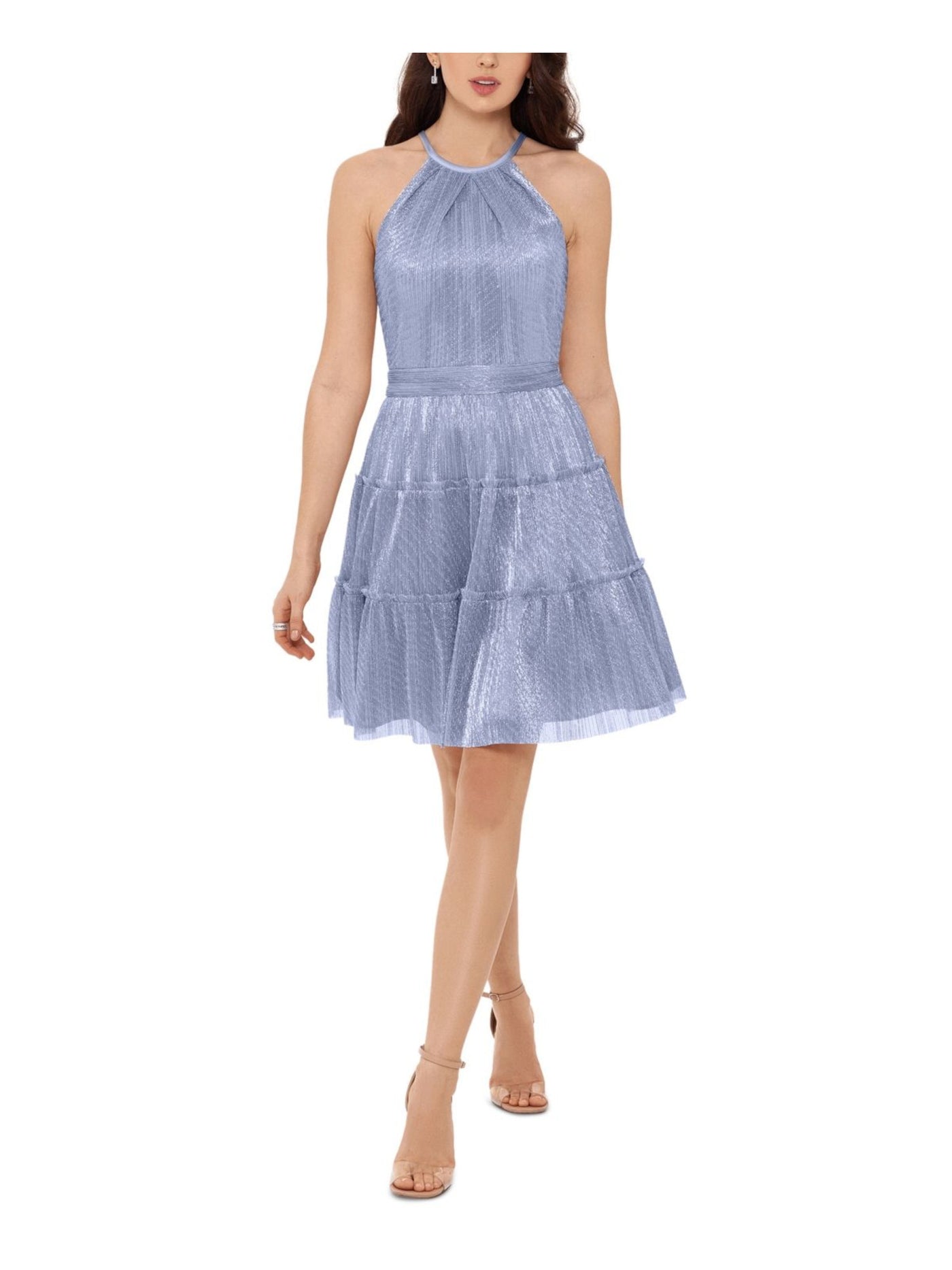XSCAPE Womens Blue Stretch Metallic Zippered Tiered Striped Sleeveless Halter Short Evening Fit + Flare Dress 4