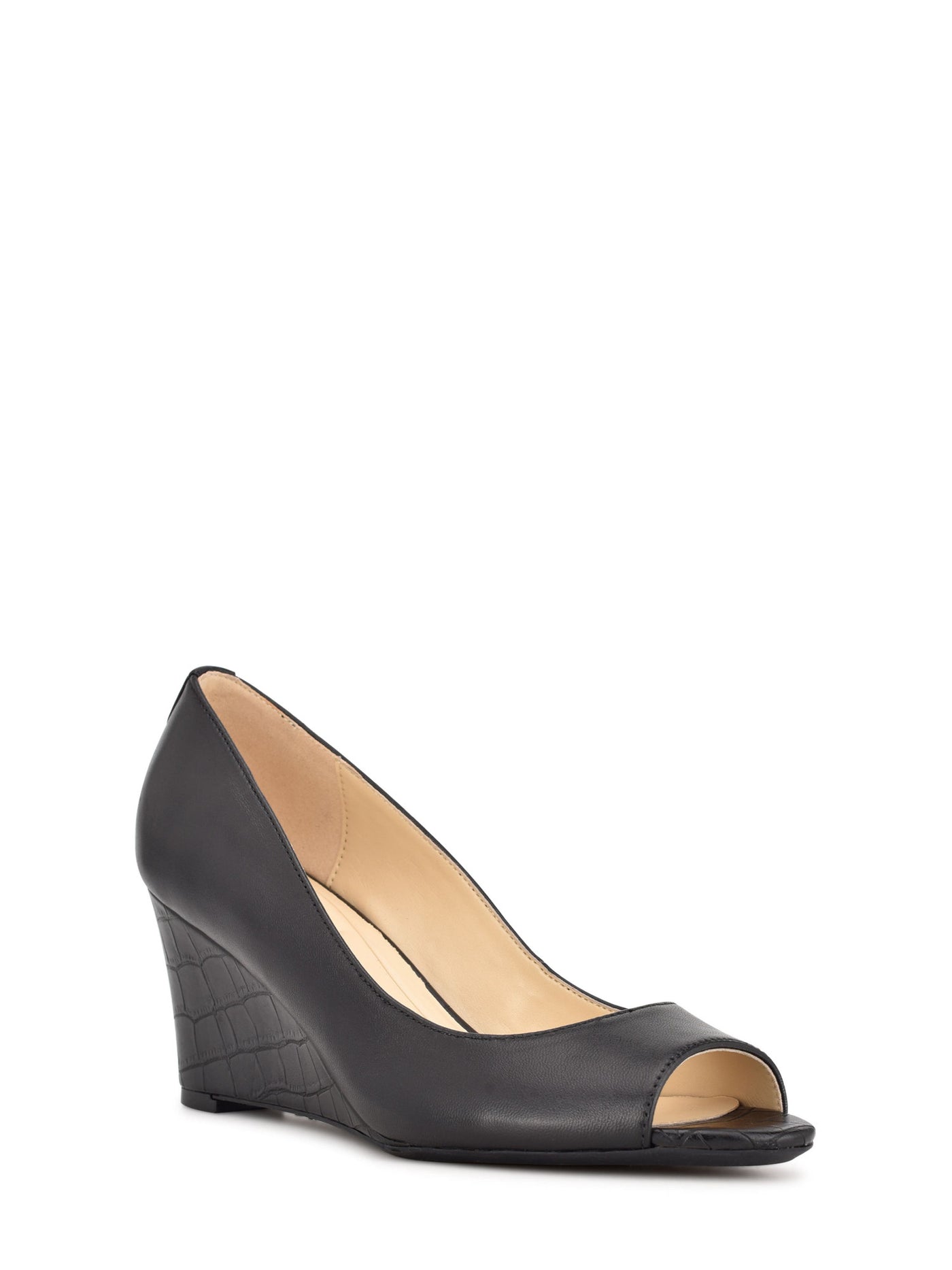 NINE WEST Womens Black Croc Heel Flexible Logo Accent Shock Absorbtion Padded Slip Resistant Cape 9x9 Peep Toe Wedge Slip On Leather Dress Pumps Shoes 8 M