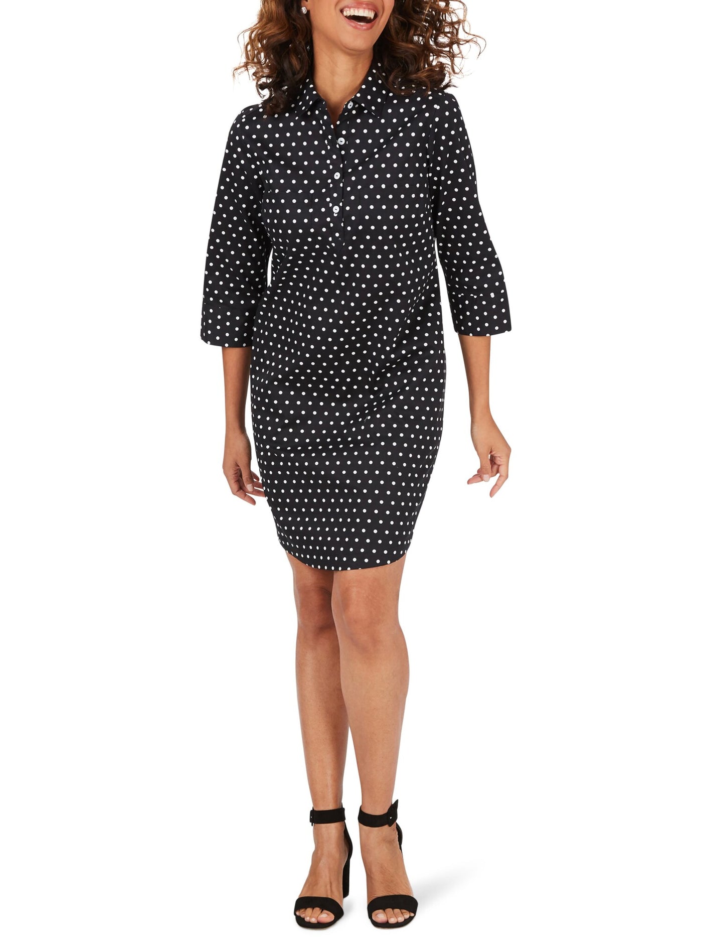 FOXCROFT Womens Black Polka Dot 3/4 Sleeve Collared Above The Knee Wear To Work Shirt Dress 2