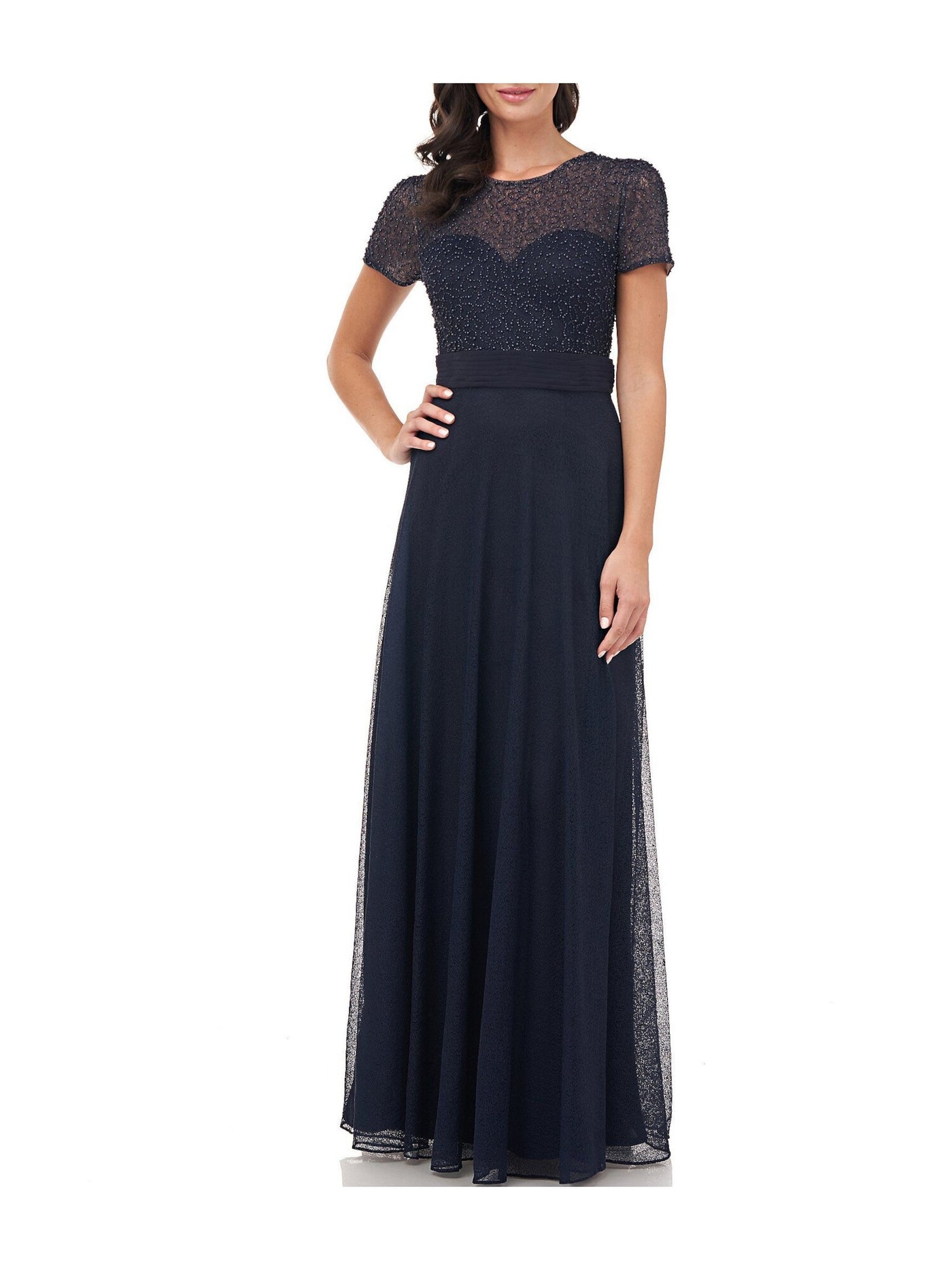 JS COLLECTIONS Womens Navy Embellished Zippered Gown Short Sleeve Illusion Neckline Full-Length Evening Fit + Flare Dress 4