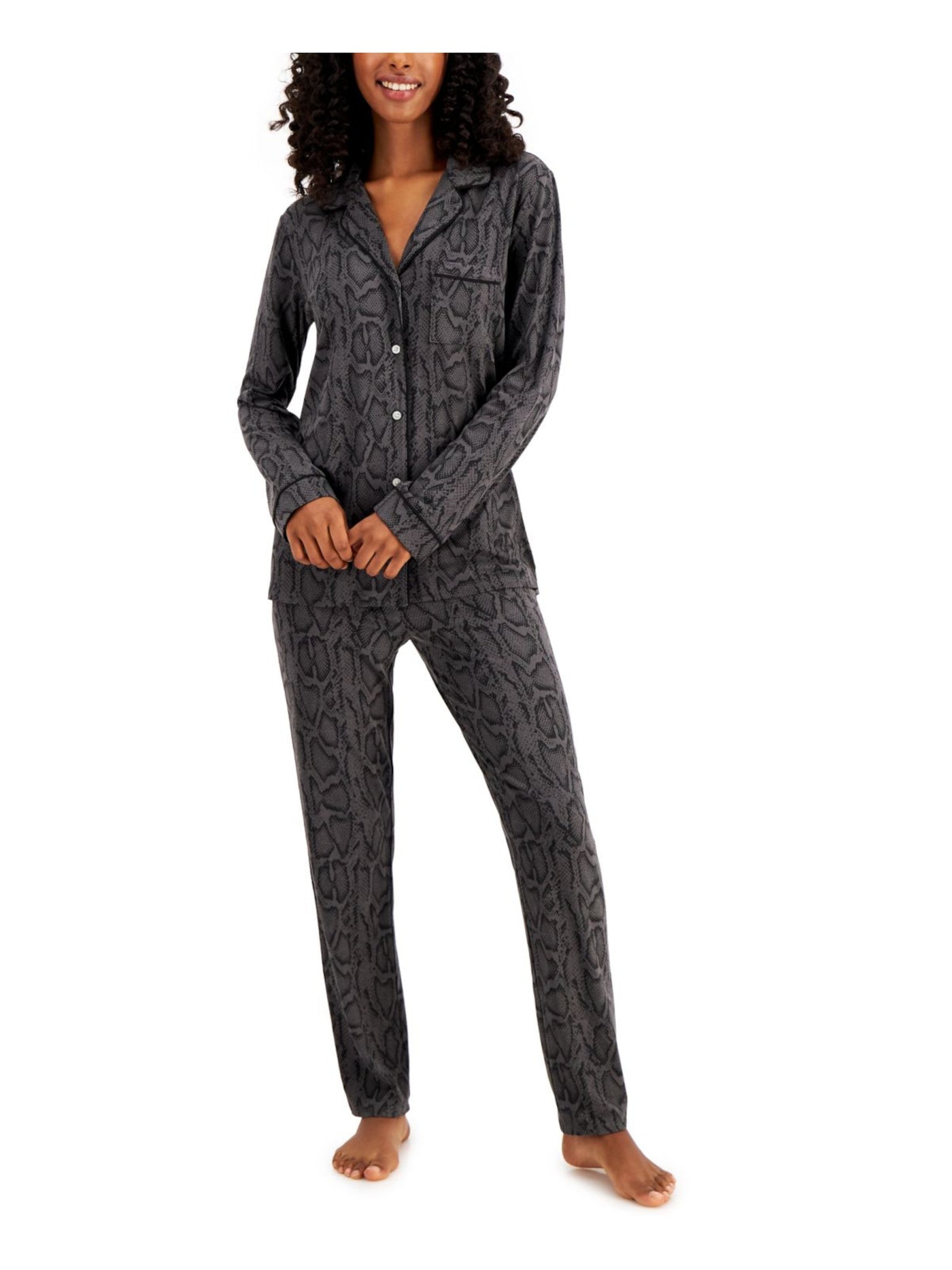 ALFANI Womens Gray Printed Notched Collar Long Sleeve Button Up Top Straight leg Pants Pajamas XS